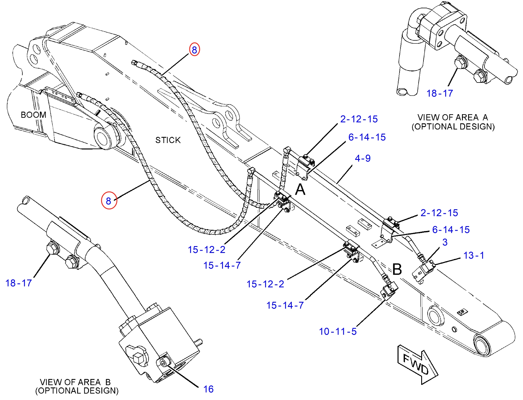 Caterpillar CAT®312D2 installation diagram showing hydraulic hose 288-7709 at Pipe No. 8