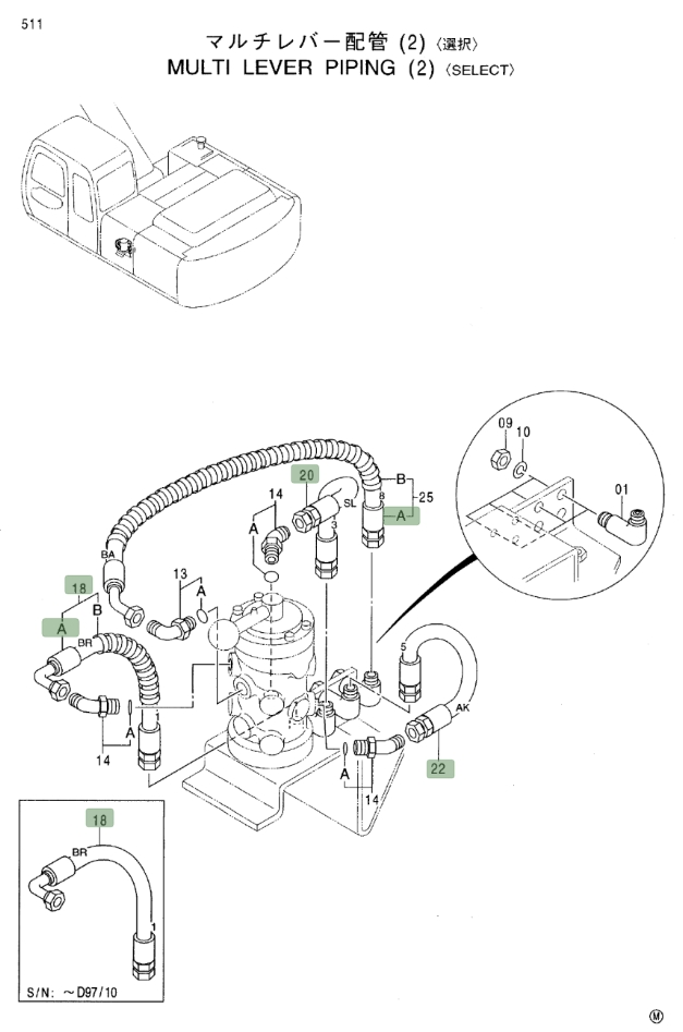 Hitachi EX270LC-5 installation diagram showing hydraulic hose 4349817 at Pipe No. 20