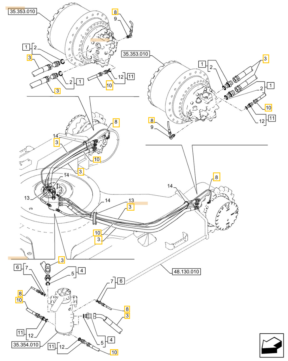 Case CX210E LC installation diagram showing hydraulic hose 152435A1 at Pipe No. 10