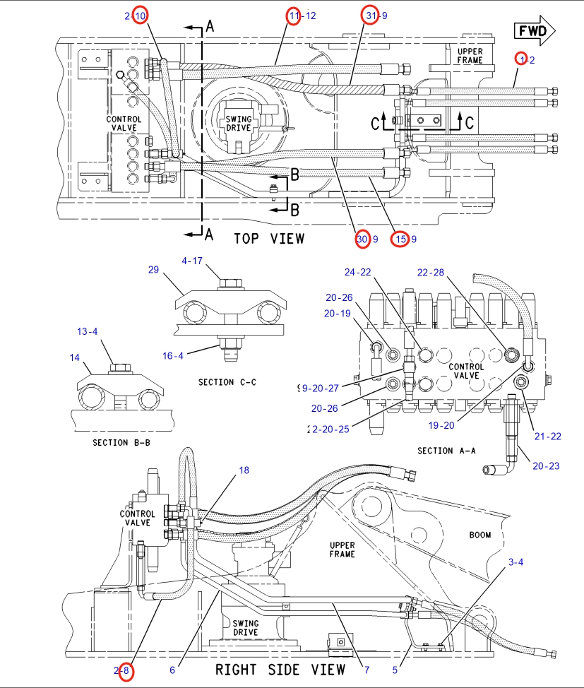 Caterpillar CAT®318B installation diagram showing hydraulic hose 4I-1077 at Pipe No. 15