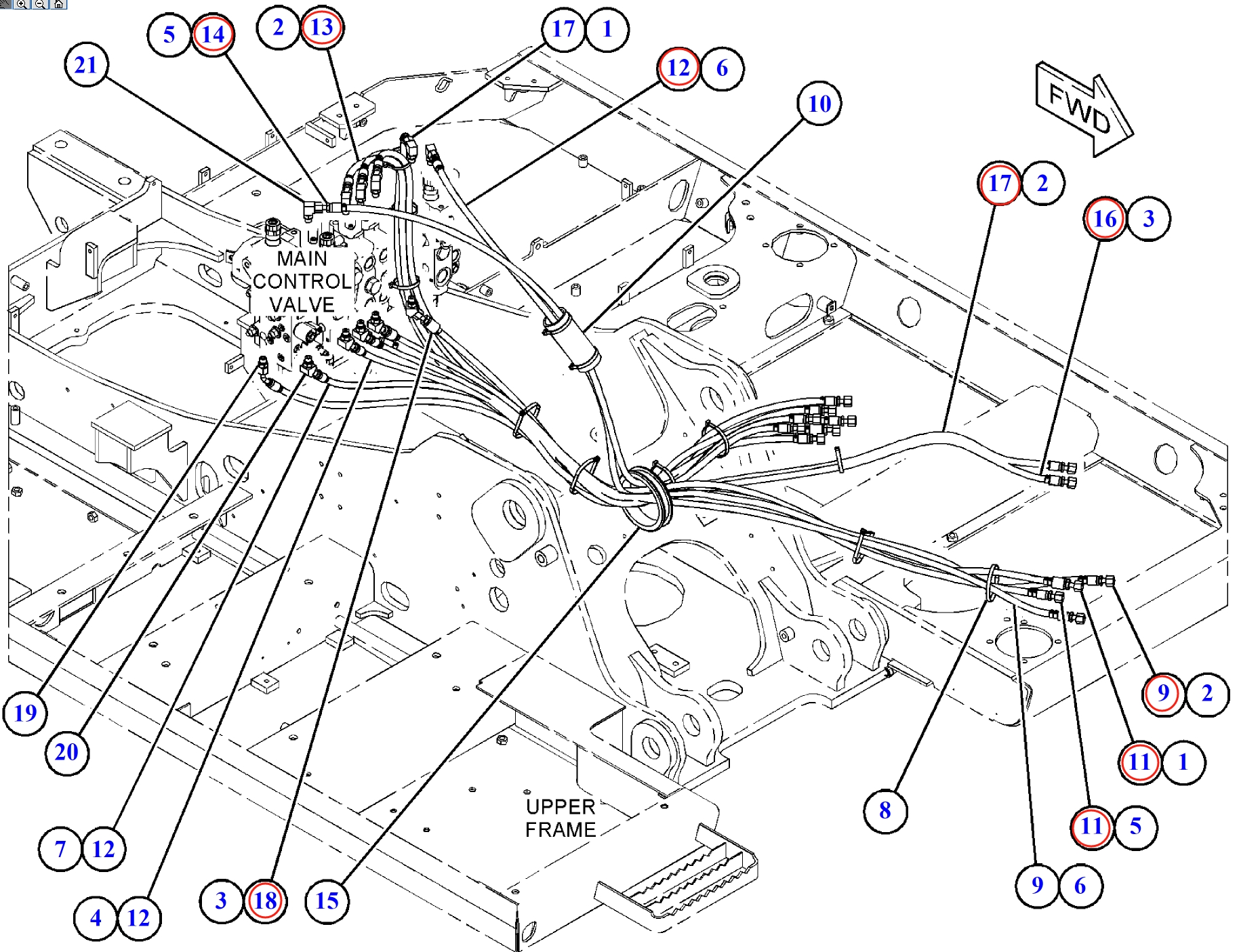 Caterpillar CAT®312F GC installation diagram showing hydraulic hose 371-3165 at Pipe No. 18