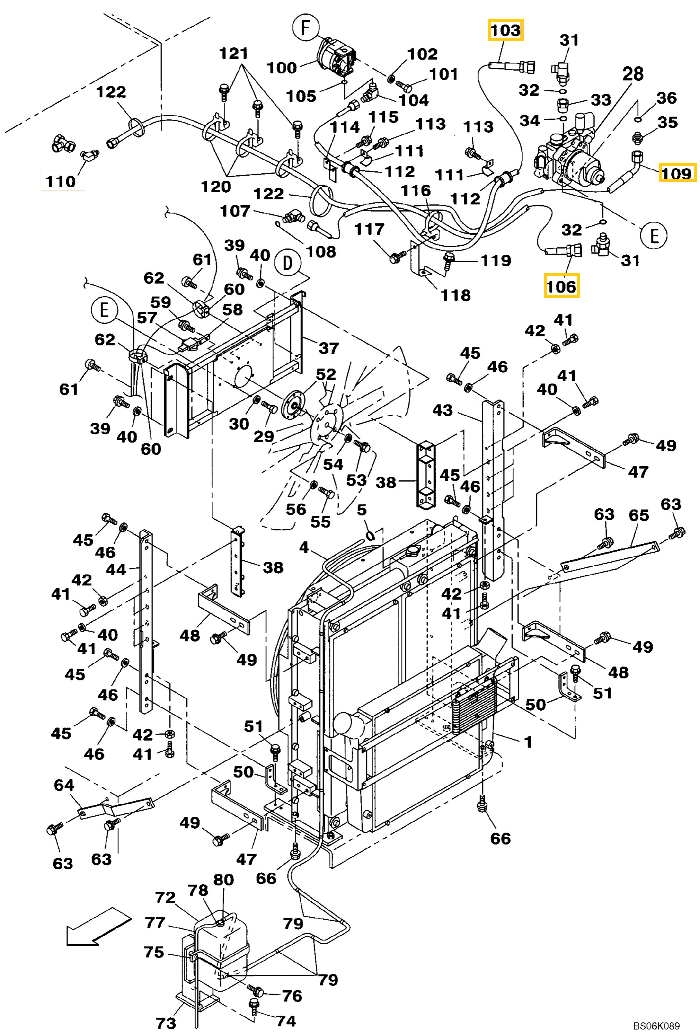 Case CX460 installation diagram showing hydraulic hose KHJ12010 at Pipe No. 109