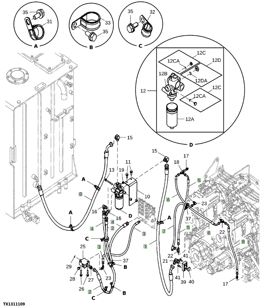 Hitachi EX1200-7 installation diagram showing hydraulic hose 4331505 at Pipe No. 3