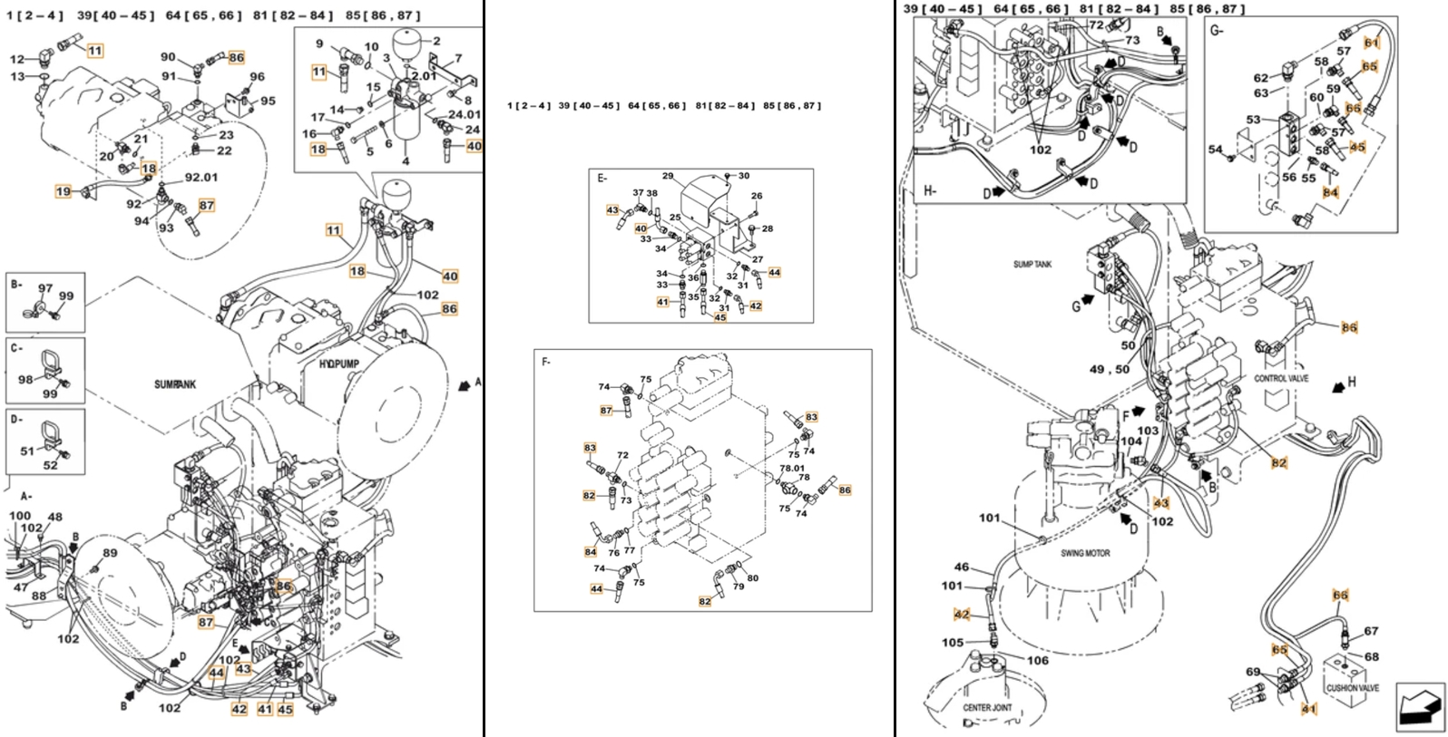 Case CX380C-8 LC installation diagram showing hydraulic hose KAJ3184 at Pipe No. 45