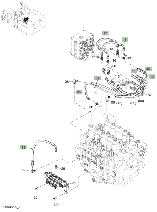 Hitachi ZX650LC-3 installation diagram showing hydraulic hose 4634366 at Pipe No. 14