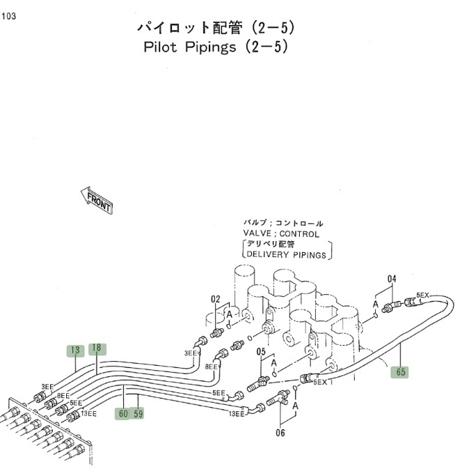 Hitachi EX700 installation diagram showing hydraulic hose 4258691 at Pipe No. 59