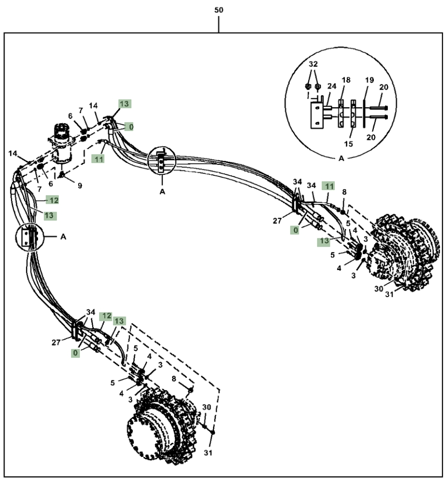 Hitachi ZX470-5A installation diagram showing hydraulic hose 4295191 at Pipe No. 13