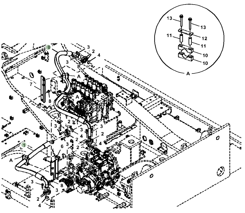 Hitachi ZX470-5A installation diagram showing hydraulic hose 4700647 at Pipe No. 1