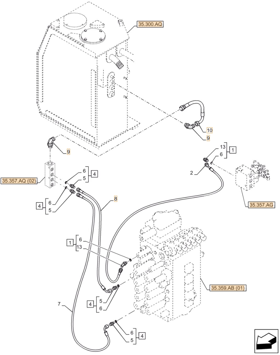 Case CX350D NLC installation diagram showing hydraulic hose KHJ2381 at Pipe No. 7
