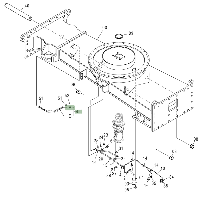Hitachi ZX210W installation diagram showing hydraulic hose 4452733 at Pipe No. 49A