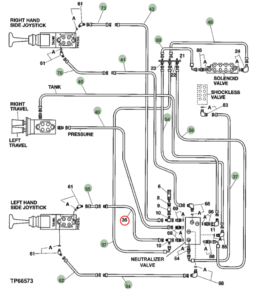 Hitachi EX330-5 installation diagram showing hydraulic hose 4373561 at Pipe No. 70