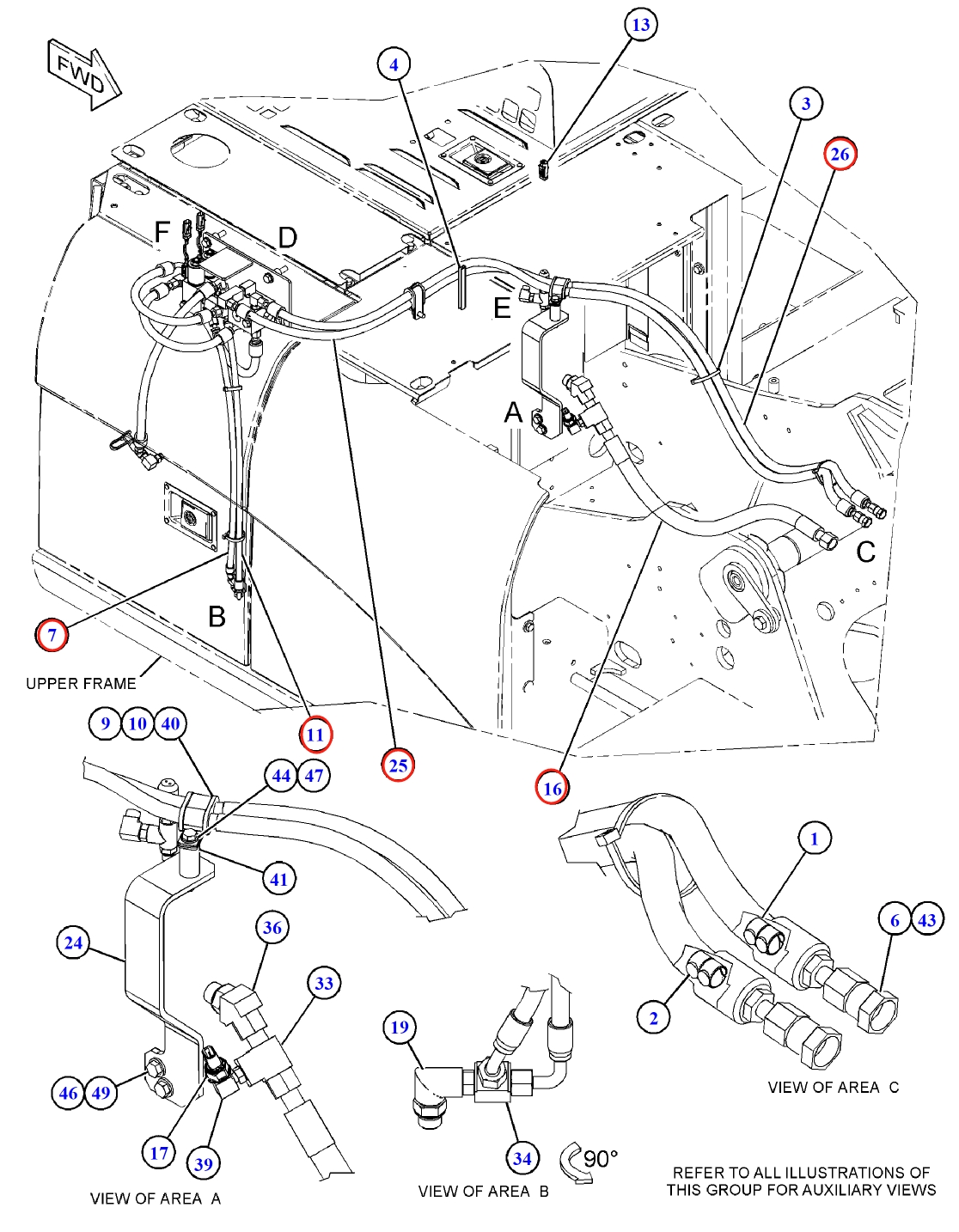 Caterpillar CAT®312D2 L installation diagram showing hydraulic hose 486-0122 at Pipe No. 25