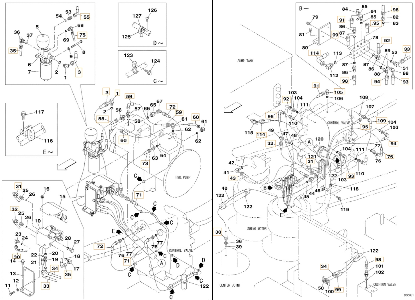 Case CX800B installation diagram showing hydraulic hose 152264A1 at Pipe No. 91