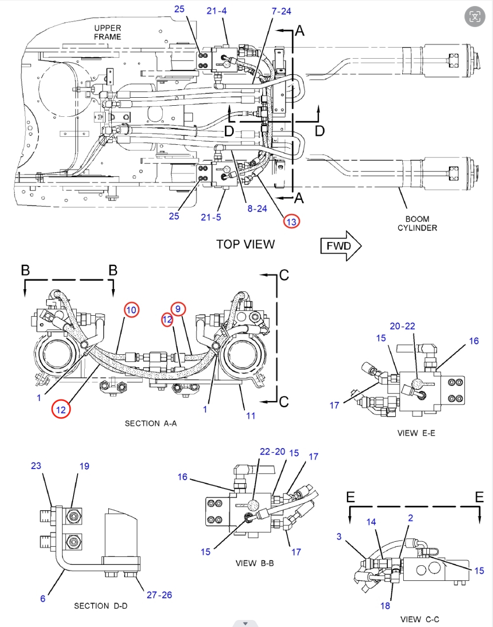 Caterpillar CAT®312D L installation diagram showing hydraulic hose 296-7054 at Pipe No. 12