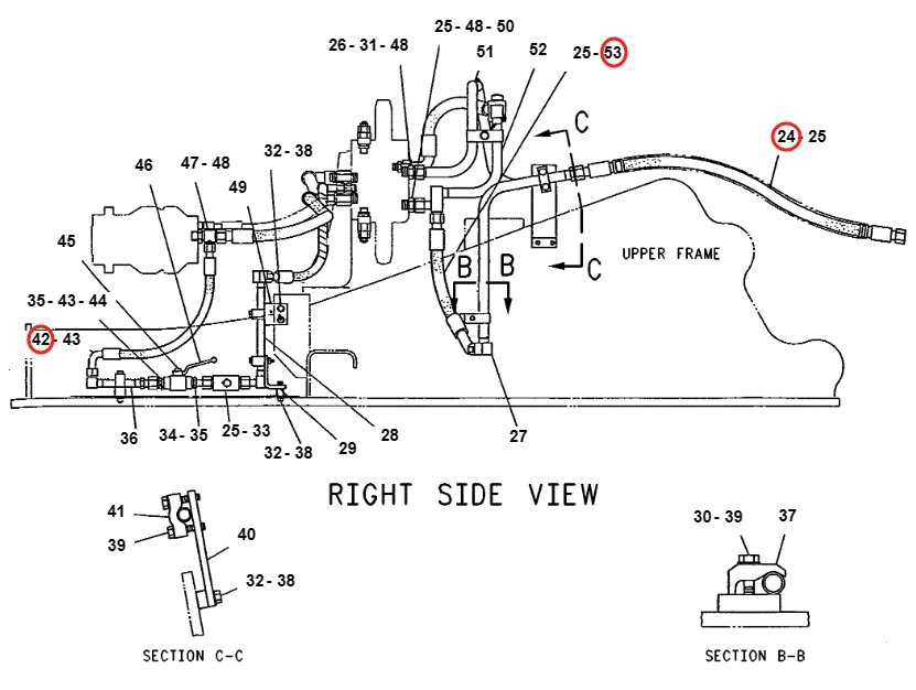 Caterpillar CAT®312-A installation diagram showing hydraulic hose 7I-7383 at Pipe No. 24