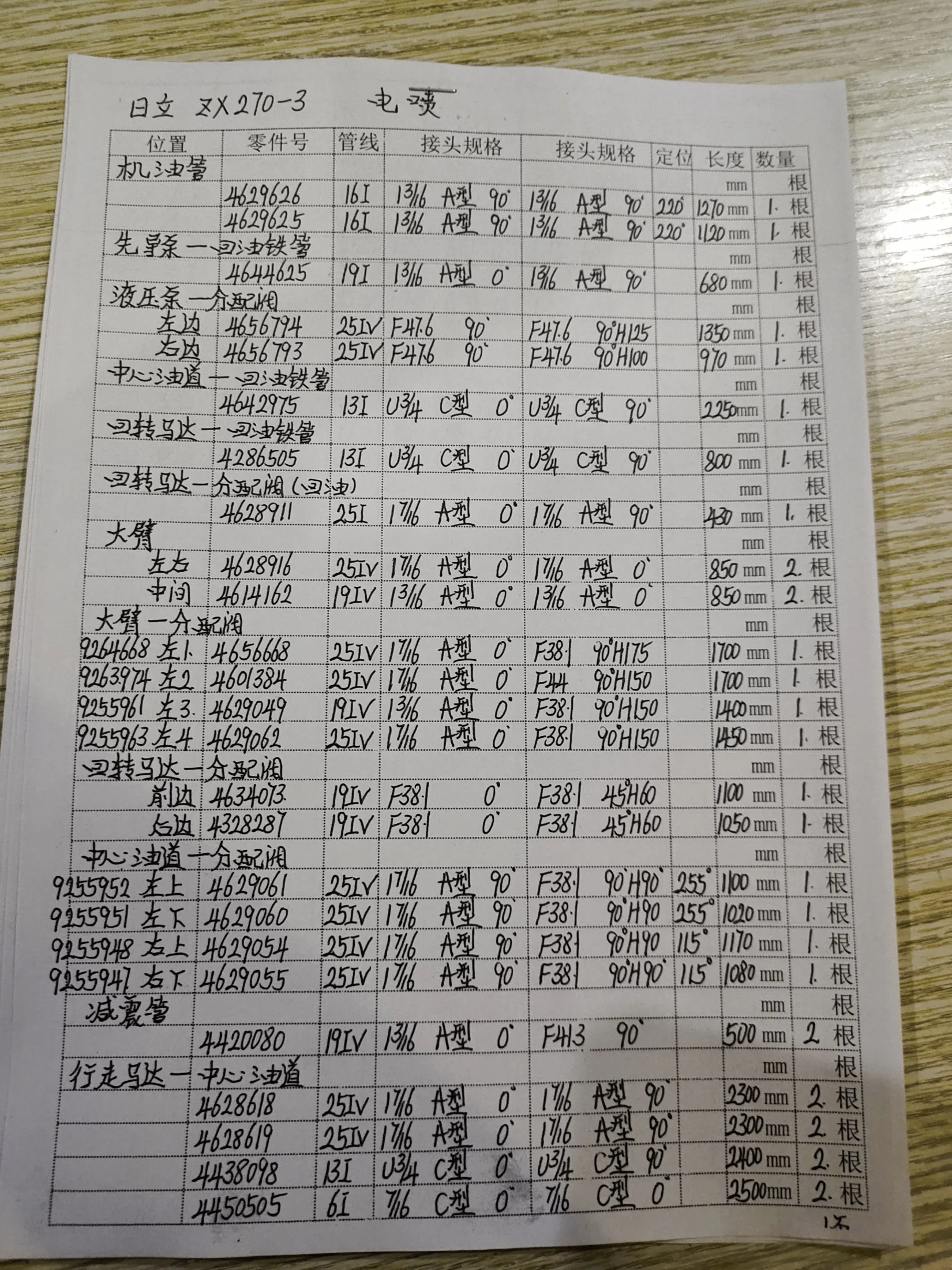 Hitachi ZX270-3 hydraulic hose part numbers and recorded lengths — technician notebook page 1 of 1 — recorded hose parts 9255948L, 9255963J44629062