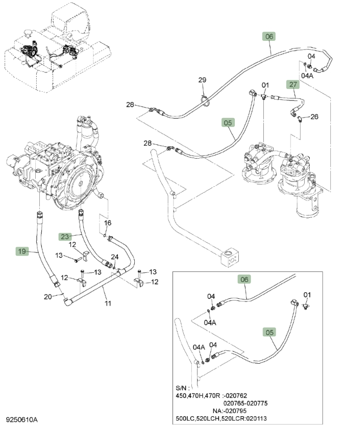Hitachi ZX450LC-3 installation diagram showing hydraulic hose 4636852 at Pipe No. 23
