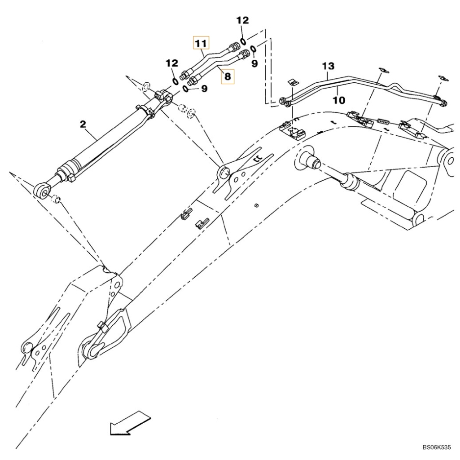 Case CX240B installation diagram showing hydraulic hose KBV17200 at Pipe No. 11