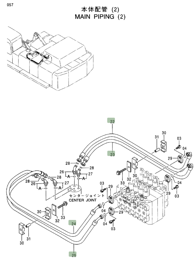 Hitachi EX750-5 installation diagram showing hydraulic hose 4332809 at Pipe No. 25