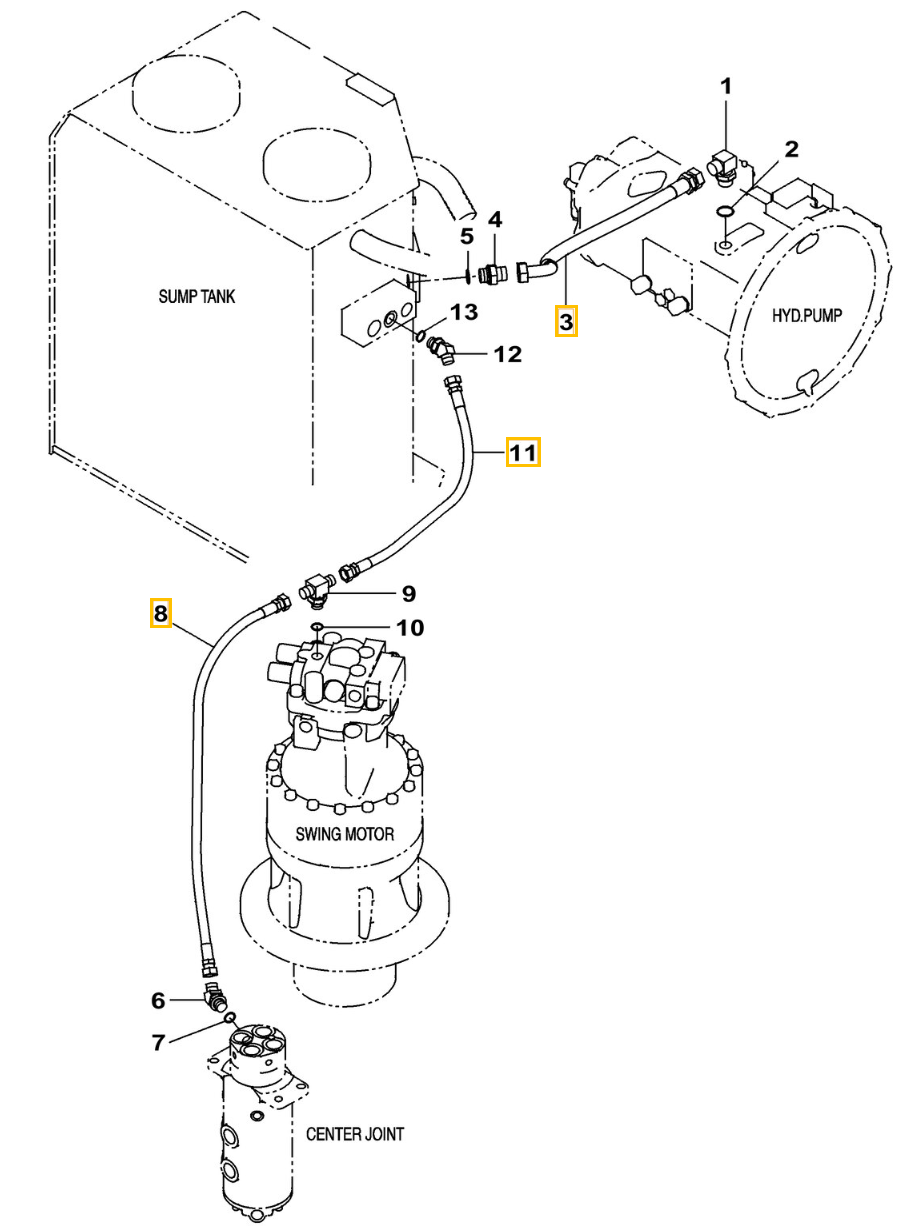 Case CX240C-8 installation diagram showing hydraulic hose 163805A1 at Pipe No. 8