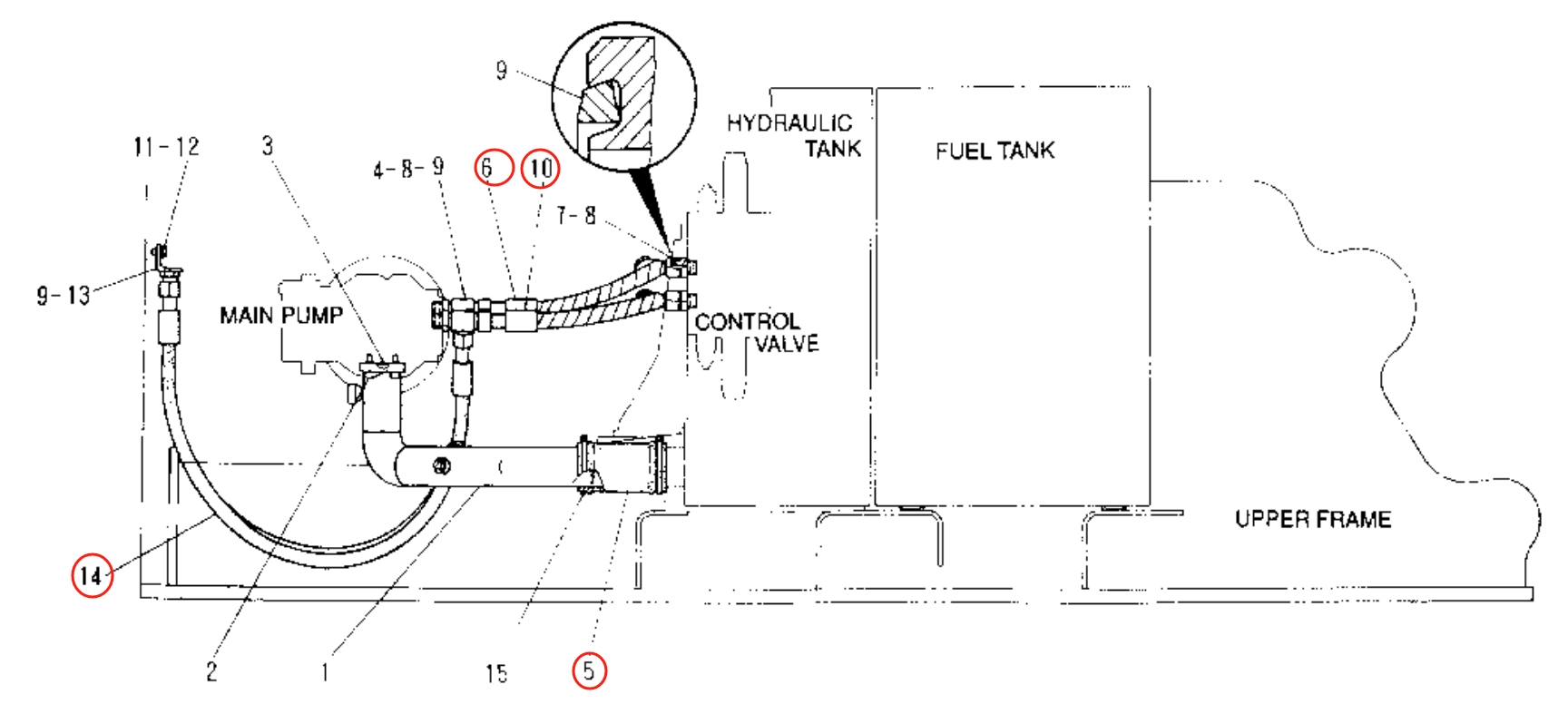 Caterpillar CAT®315-A L installation diagram showing hydraulic hose 4I-1077 at Pipe No. 14