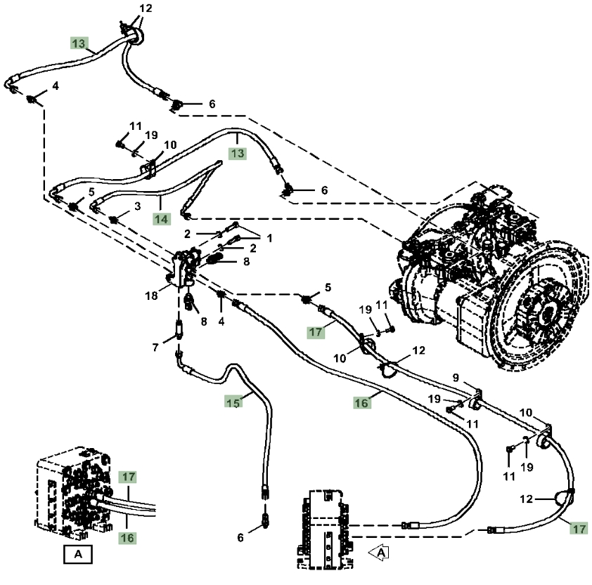 Hitachi ZX350LC-5A installation diagram showing hydraulic hose 4444466 at Pipe No. 14