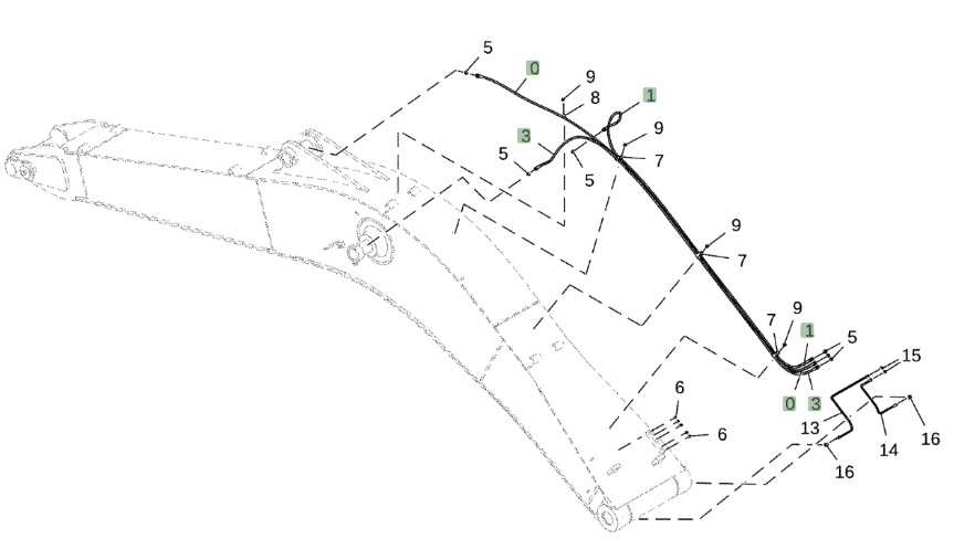 Hitachi ZX250LC-5G installation diagram showing hydraulic hose 4631052 at Pipe No. 0