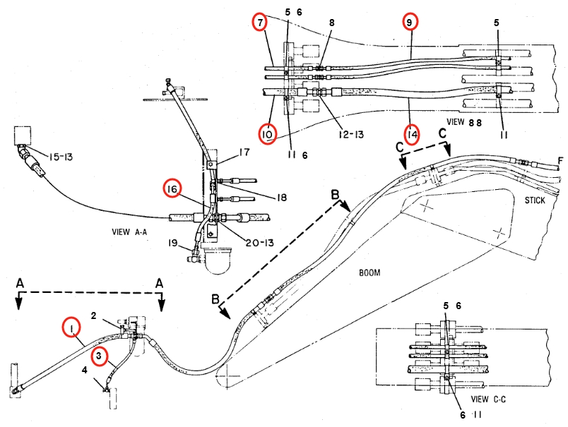 Caterpillar CAT®225B installation diagram showing hydraulic hose 6W-7648 at Pipe No. 14
