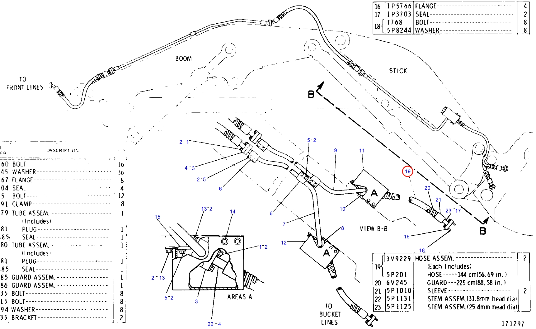 Caterpillar CAT®245 installation diagram showing hydraulic hose 3V-9229 at Pipe No. 19