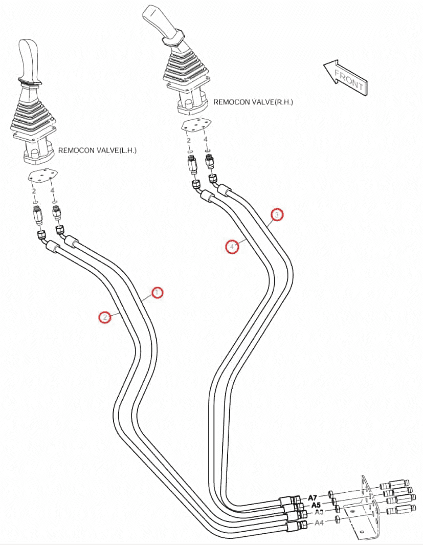 Doosan DX140LC installation diagram showing hydraulic hose DS2095002 at Pipe No. 1