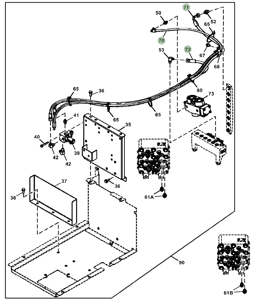 Hitachi ZX200LC-3 installation diagram showing hydraulic hose 4654640 at Pipe No. 70