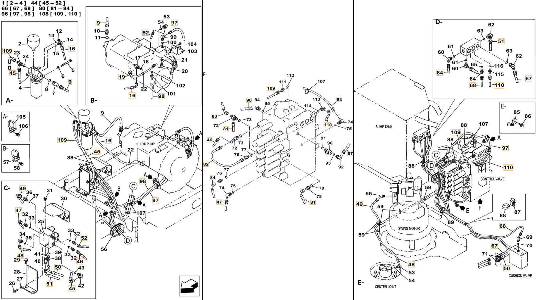 Case CX260C-8 LC installation diagram showing hydraulic hose KHJ31100 at Pipe No. B98-F98