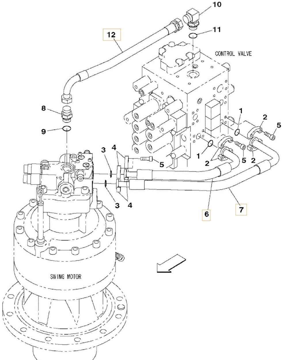 Case CX350B installation diagram showing hydraulic hose KSJ12650 at Pipe No. 12