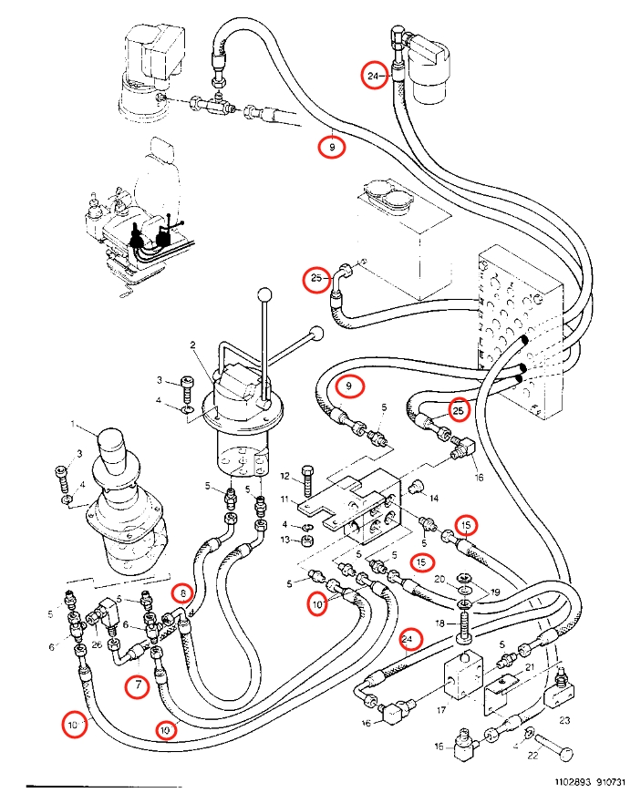 Caterpillar CAT®214B FT installation diagram showing hydraulic hose 8U-0349 at Pipe No. 10