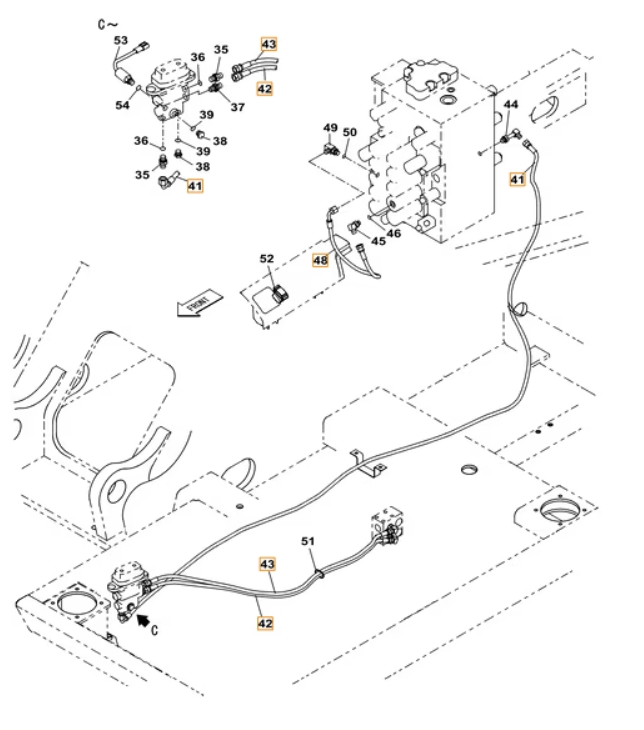 Case CX220B installation diagram showing hydraulic hose KHJ2309 at Pipe No. 48