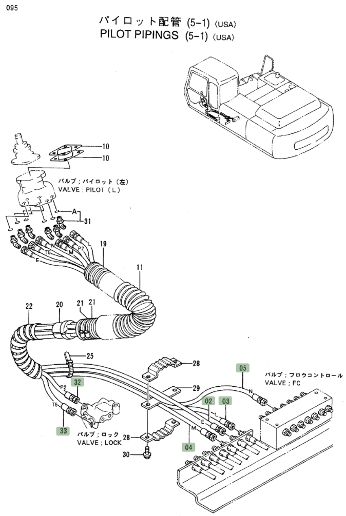Hitachi EX300LC-3 installation diagram showing hydraulic hose 4332156 at Pipe No. 5