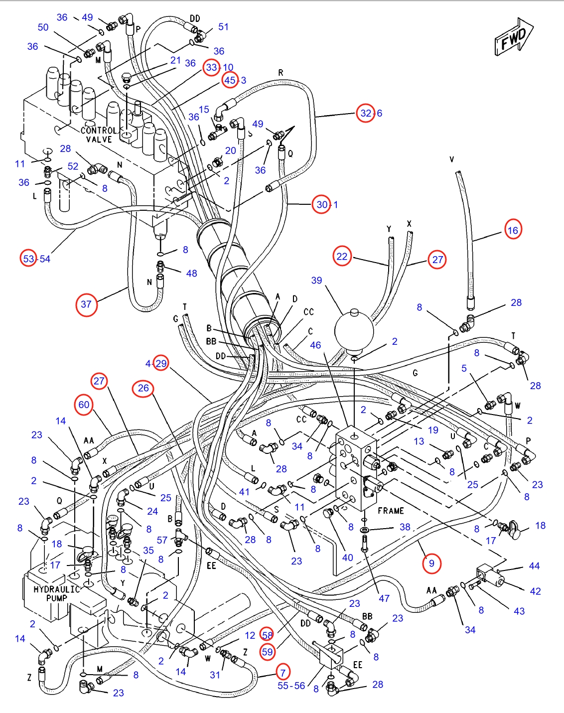Caterpillar CAT®315-A installation diagram showing hydraulic hose 108-7228 at Pipe No. 58