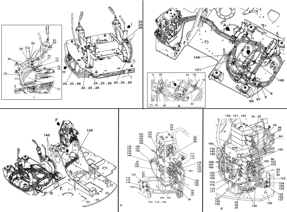 Case CX135SR installation diagram showing hydraulic hose KHJ2174 at Pipe No. 64