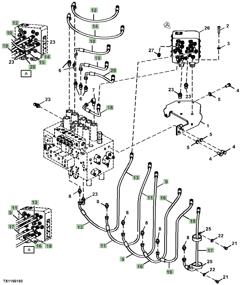 Hitachi ZX180LC-5N installation diagram showing hydraulic hose 4630935 at Pipe No. 16