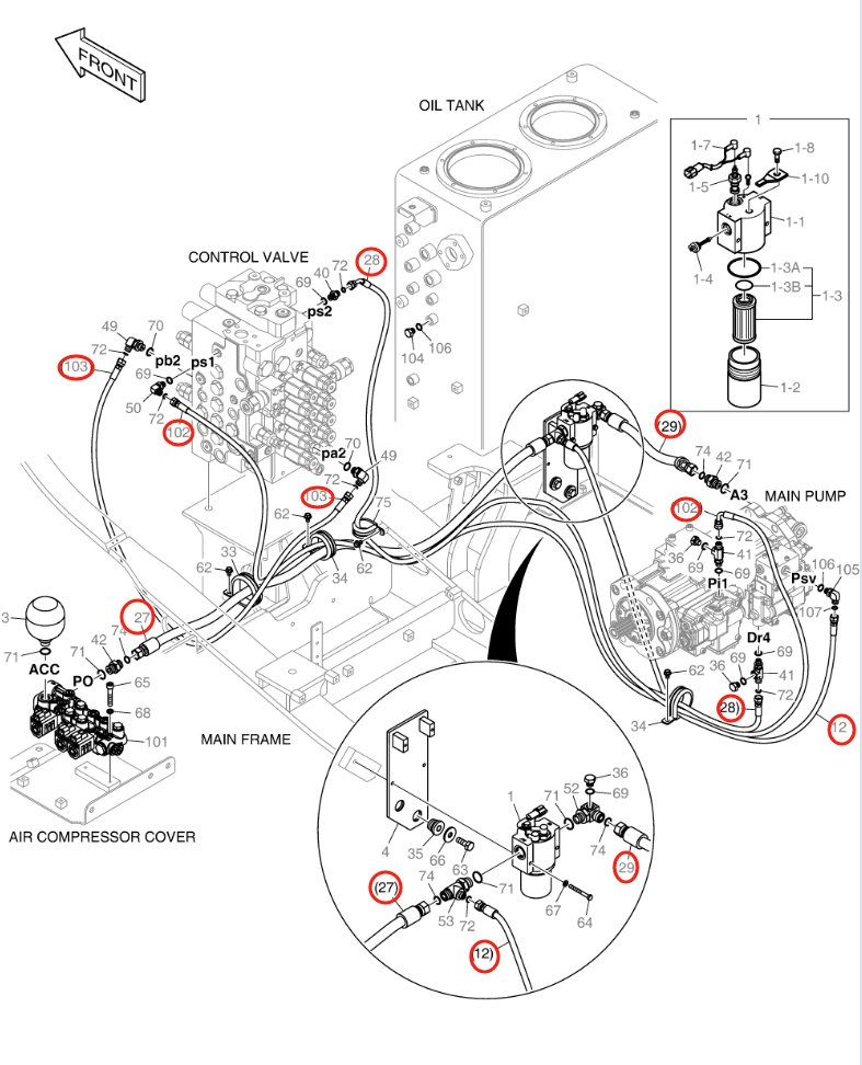 Doosan DX140LC-5 installation diagram showing hydraulic hose DS2119129 at Pipe No. 103