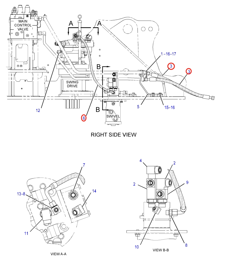 Caterpillar CAT®316E L installation diagram showing hydraulic hose 184-9543 at Pipe No. 3