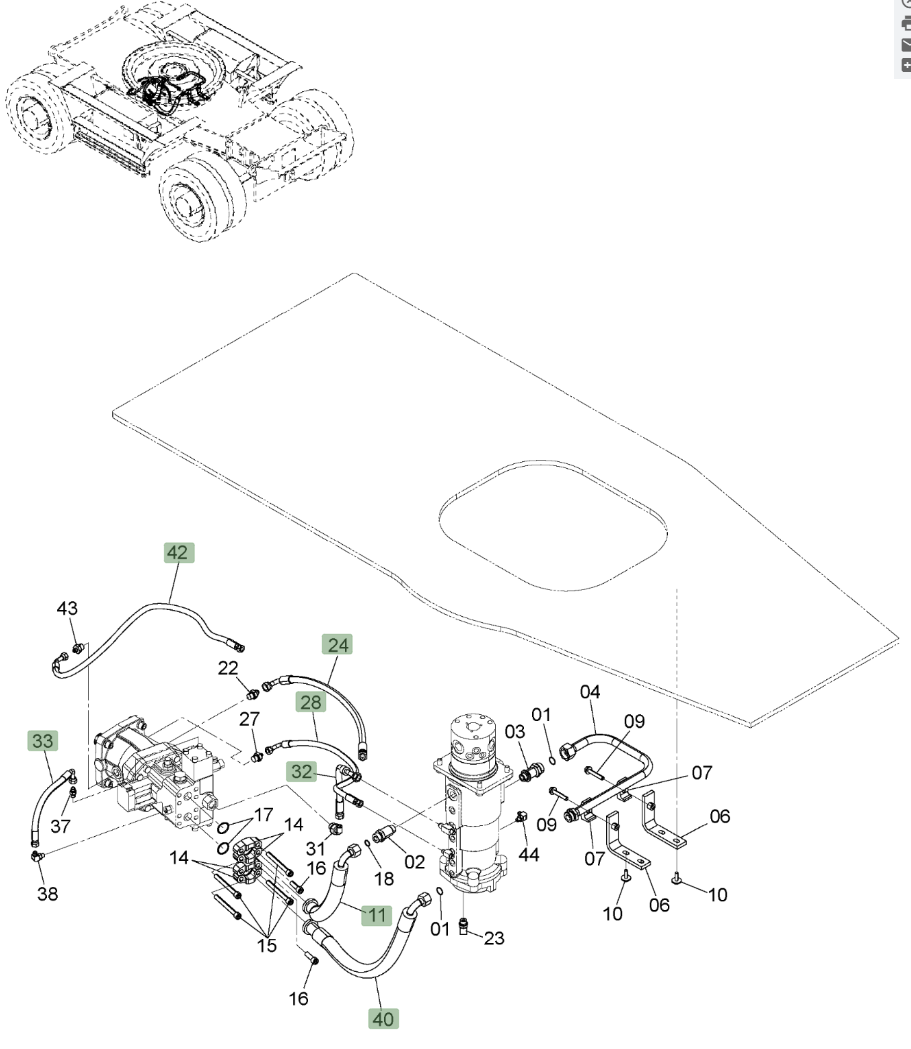 Hitachi ZX220W-3 installation diagram showing hydraulic hose 9265955 at Pipe No. 24