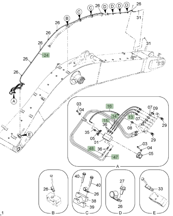 Hitachi ZX650LC-3 installation diagram showing hydraulic hose 4657402 at Pipe No. 15