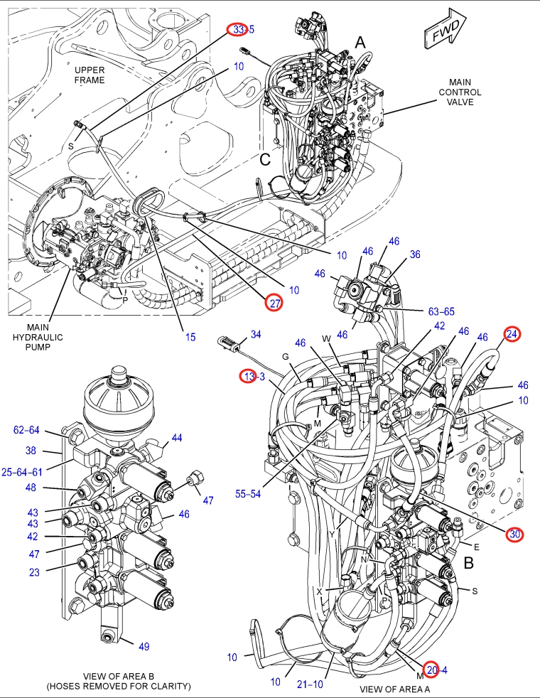 Caterpillar CAT®315F LCR installation diagram showing hydraulic hose 340-2962 at Pipe No. 33