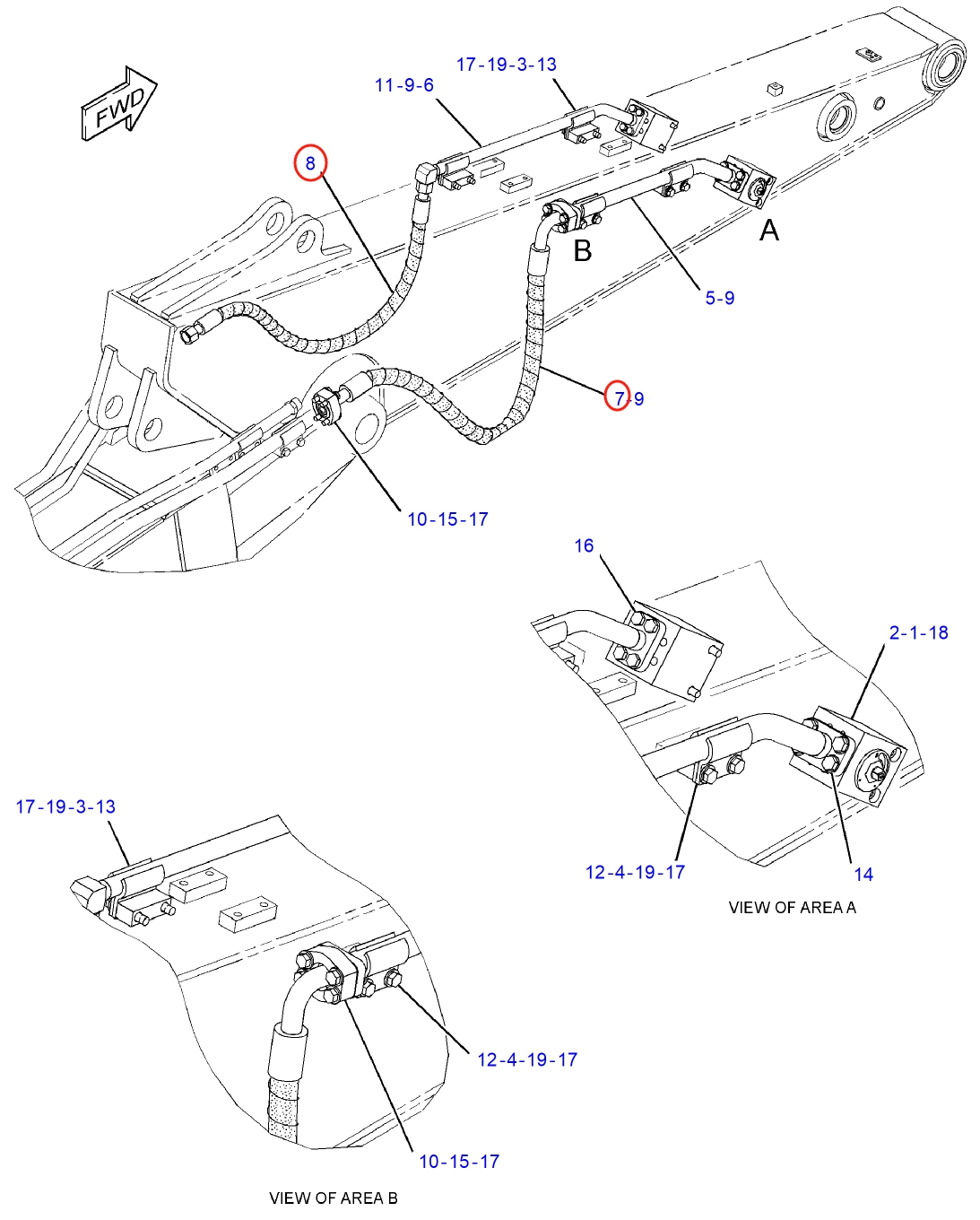 Caterpillar CAT®314E LCR installation diagram showing hydraulic hose 379-4623 at Pipe No. 8