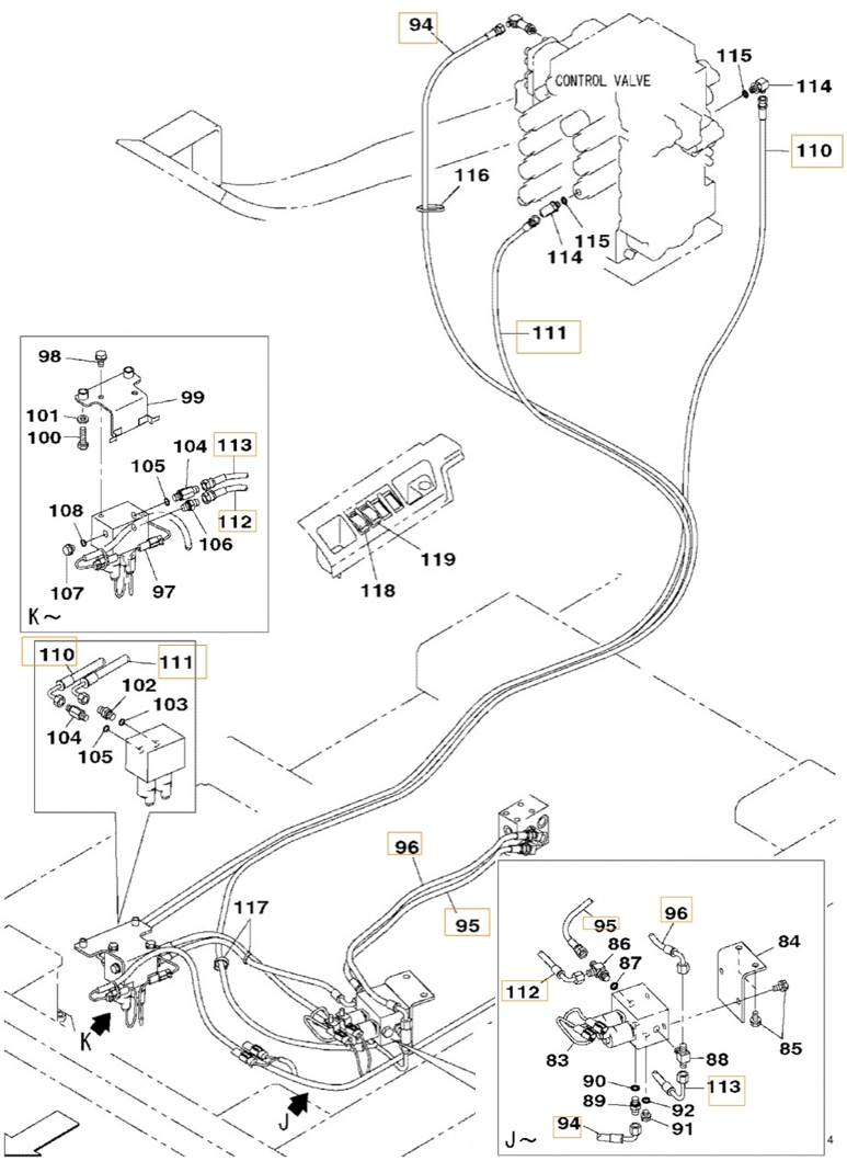 Case CX800B installation diagram showing hydraulic hose KHJ14650 at Pipe No. 95