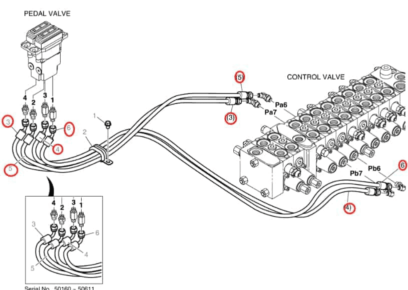 Doosan DX80R installation diagram showing hydraulic hose DS2093193 at Pipe No. 4