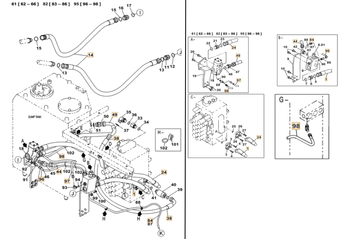 Case CX220C installation diagram showing hydraulic hose KHJ11480 at Pipe No. 84
