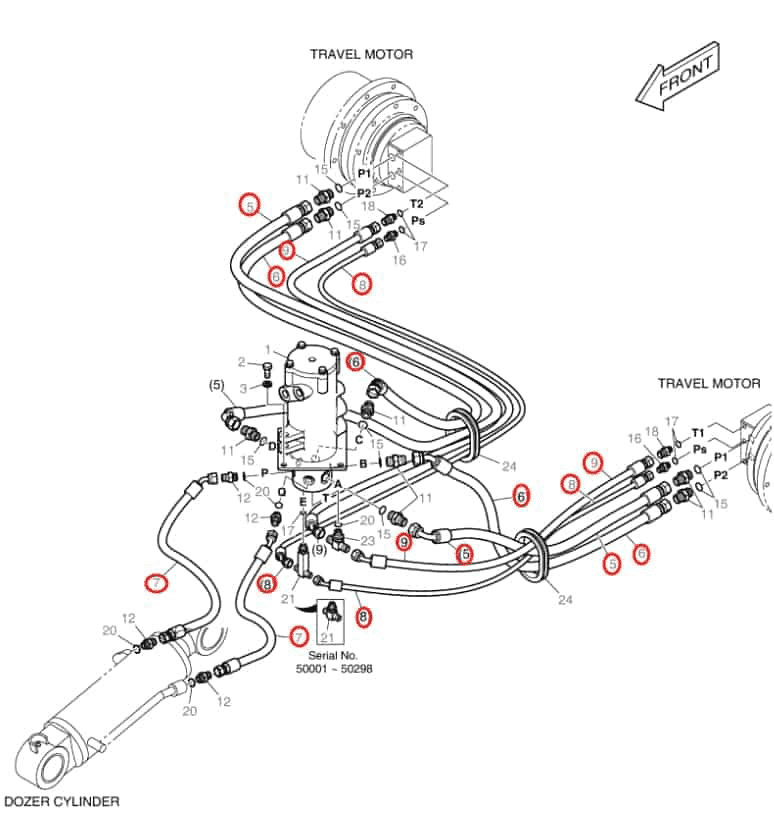 Doosan DX55 installation diagram showing hydraulic hose 2184-1071D28 at Pipe No. 5