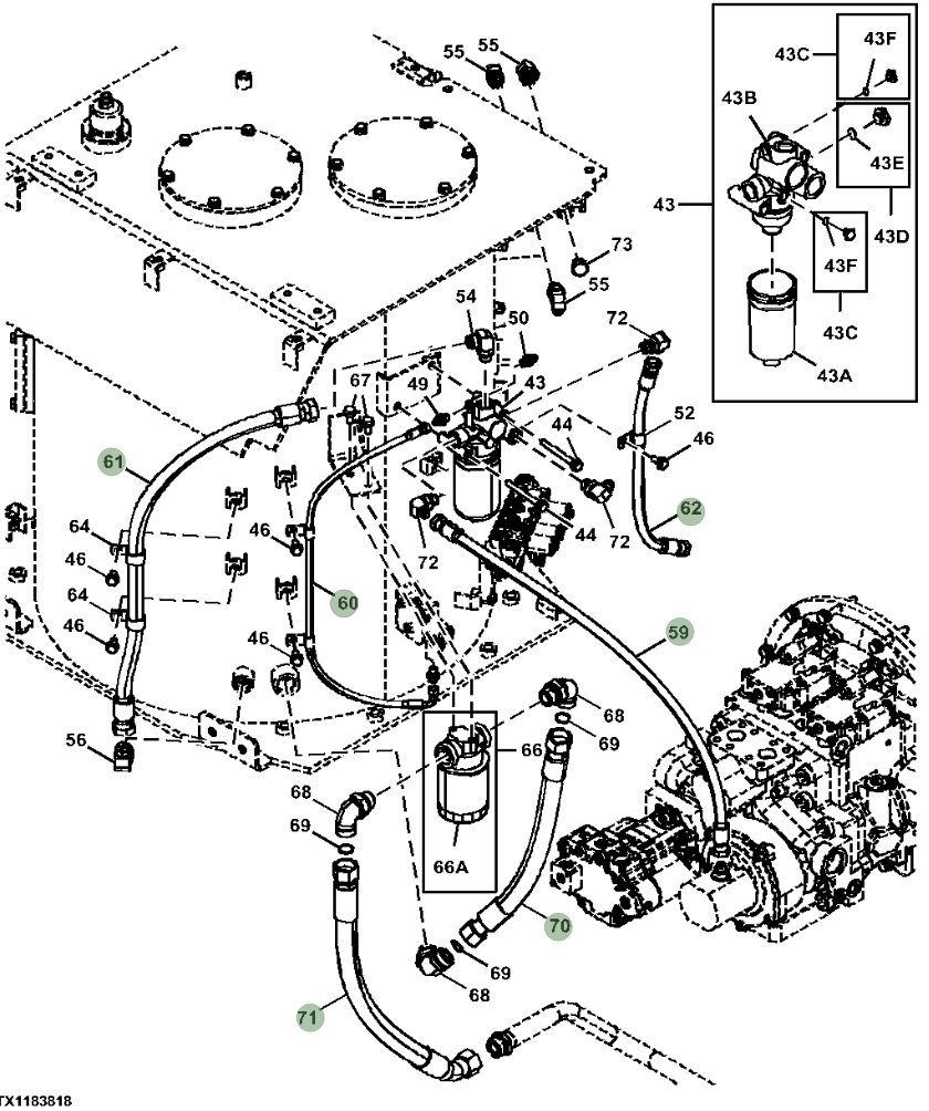 Hitachi ZX470LC-6 installation diagram showing hydraulic hose 4700645 at Pipe No. 71